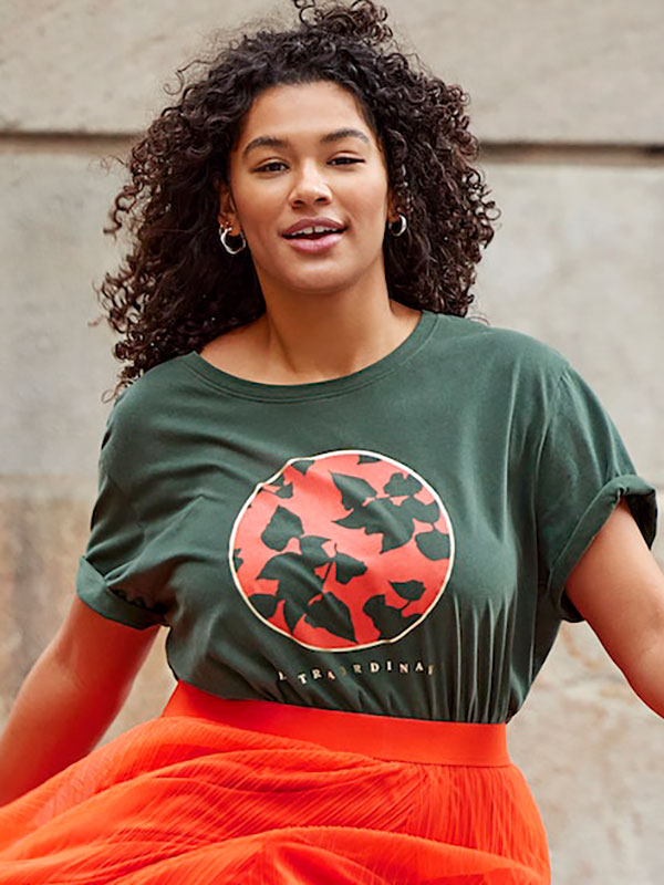 AGATI Grøn print Carmakoma - Only T-shirt med orange